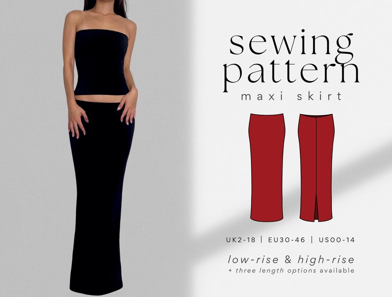 Bodycon Maxi Skirt PDF Sewing Pattern Low-Waist & High-Waist UK2-18 A4, US Letter, A0 Easy, Beginner Friendly Long Stretch Skirt image 1