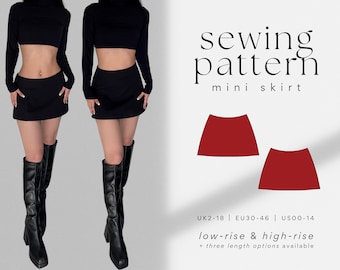 A-Line Micro Mini Skirt PDF Sewing Pattern | Low-Waist & High-Waist | 3 Length Options | UK2-18 | A4, US Letter, A0