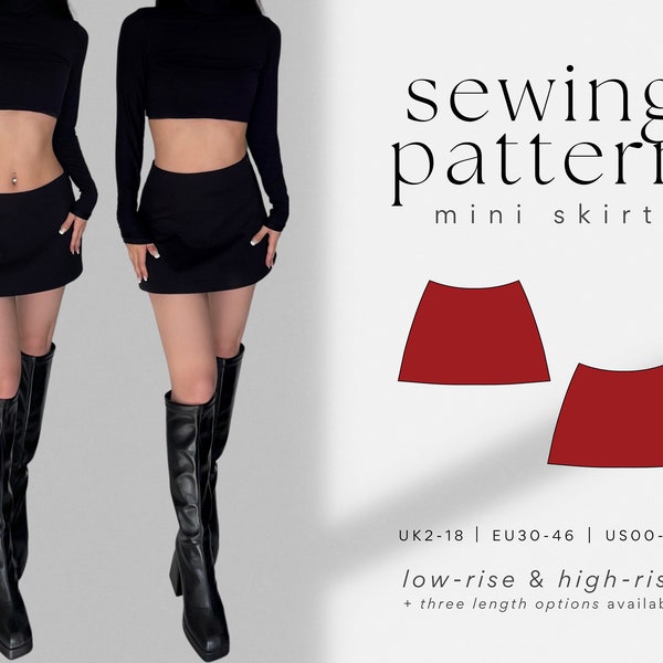 Patrón de costura PDF de minifalda micro de línea A / cintura baja y cintura alta / 3 opciones de longitud / UK2-18 / A4, carta de EE. UU., A0