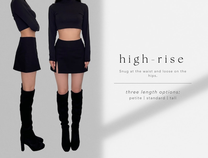 K&ouml;nnte beinhalten: Ein schwarzer, hoch sitzender Minirock mit seitlichem Schlitz. Der Rock wird an einem Model gezeigt, das ein schwarzes Crop-Top und schwarze kniehohe Stiefel tr&auml;gt. Der Text "high-rise" wird &uuml;ber dem Model angezeigt, mit der Beschreibung "Snug at the waist and loose on the hips." Unter dem Model wird der Text "three length options: petite | standard | tall" angezeigt.