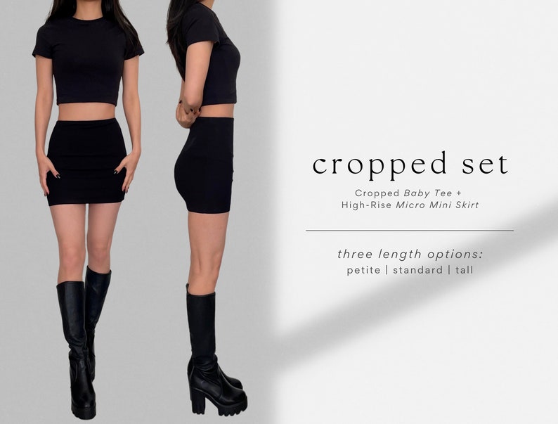 May include: A black cropped baby tee and high-rise micro mini skirt set. The set is available in three lengths: petite, standard, and tall.