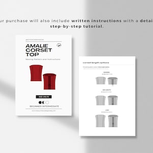 Puede incluir: Un patr&oacute;n de costura para un top de cors&eacute; rojo llamado "Amalie Corset Top". El patr&oacute;n incluye instrucciones para tres longitudes diferentes: corto, medio y largo. El patr&oacute;n es para las tallas UK 2-18 y est&aacute; clasificado como principiante a intermedio.