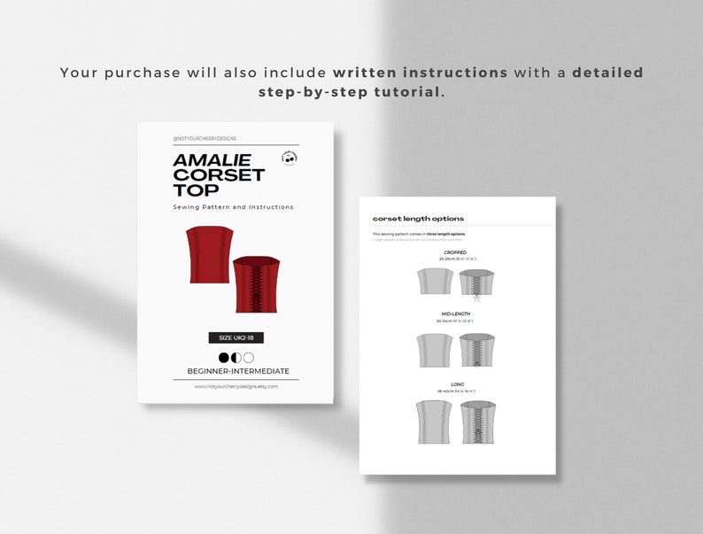 Puede incluir: Un patr&oacute;n de costura para un top de cors&eacute; rojo llamado "Amalie Corset Top". El patr&oacute;n incluye instrucciones para tres longitudes diferentes: corto, medio y largo. El patr&oacute;n es para las tallas UK 2-18 y est&aacute; clasificado como principiante a intermedio.