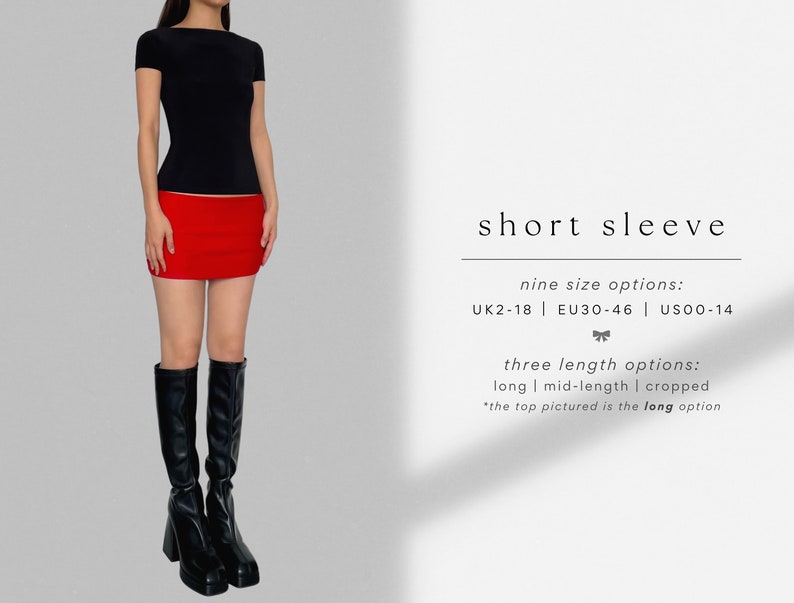 May include: A black short-sleeved shirt with a scoop neck and a red mini skirt. The shirt is pictured in the long length option. Nine size options are available: UK 2-18, EU 30-46, US 00-14. Three length options are available: long, mid-length, and cropped.