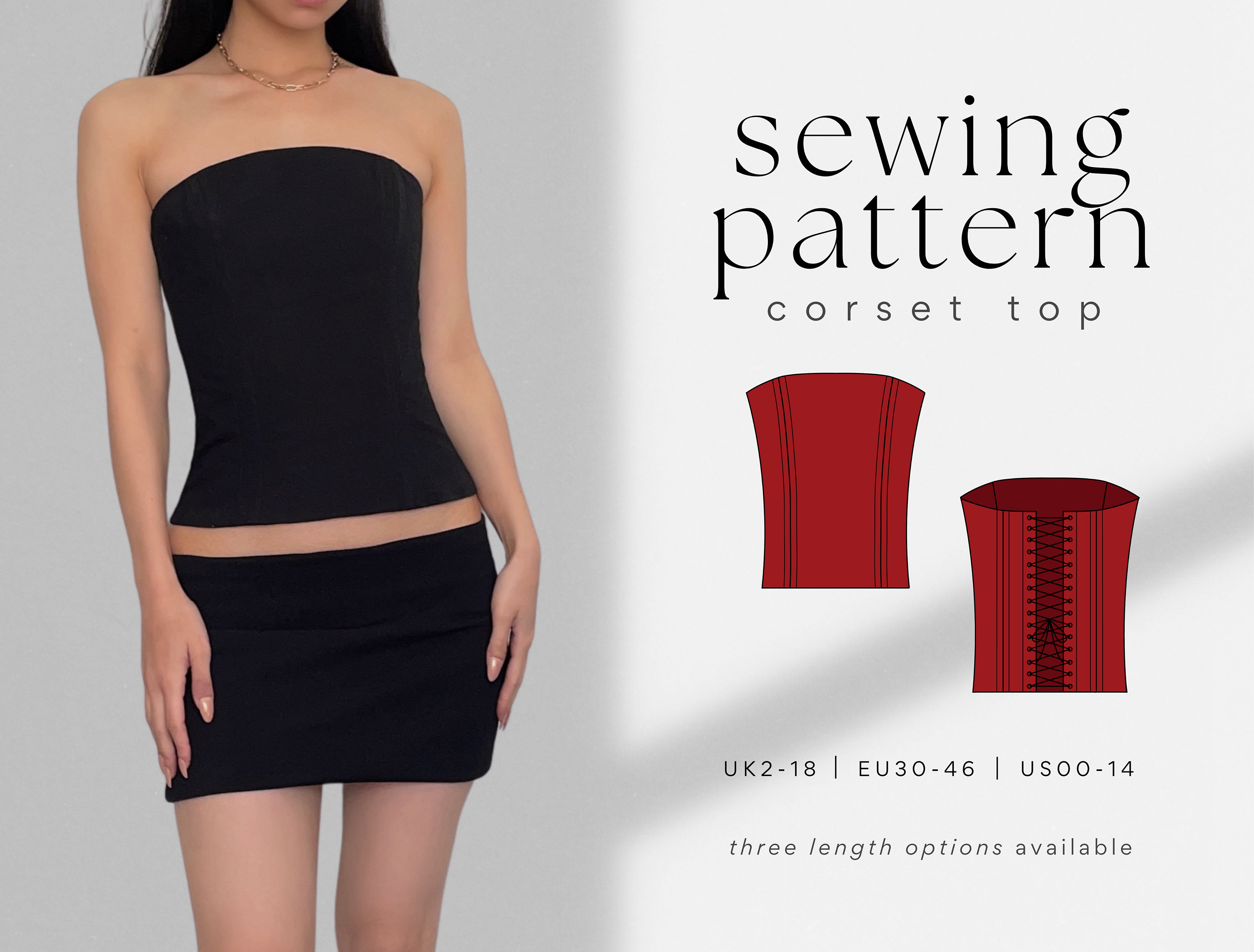 Strapless Corset / Bustier Top PDF Sewing Pattern | 3 Length Options | UK2-18 | A4, US Letter, A0
