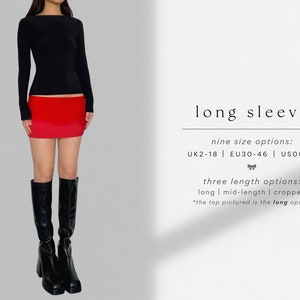 May include: A black long-sleeve shirt with a red mini skirt. The text on the image reads "long sleeve", "nine size options: UK2-18 | EU30-46 | USOO-14", "three length options: long | mid-length | cropped", and "*the top pictured is the long option".