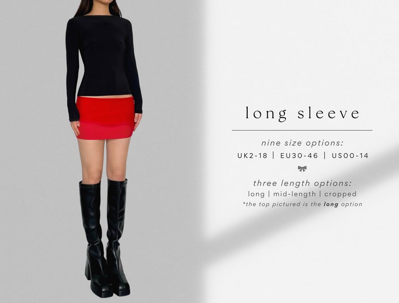May include: A black long-sleeve shirt with a red mini skirt. The text on the image reads "long sleeve", "nine size options: UK2-18 | EU30-46 | USOO-14", "three length options: long | mid-length | cropped", and "*the top pictured is the long option".