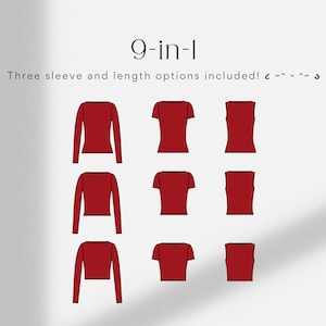 May include: Nine different variations of a red top with three sleeve lengths and three different lengths.  The text "9-in-1" and "Three sleeve and length options included!" is displayed above the images.