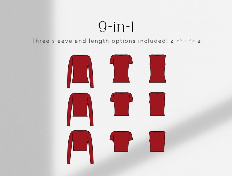 May include: Nine different variations of a red top with three sleeve lengths and three different lengths.  The text "9-in-1" and "Three sleeve and length options included!" is displayed above the images.