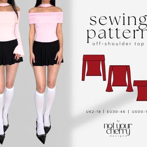 REGINA Off-Shoulder Top: Long & Short, Flare Sleeve PDF Sewing Pattern | Easy, Beginner Friendly | Off-The-Shoulder Crop Tee | Jersey Knit