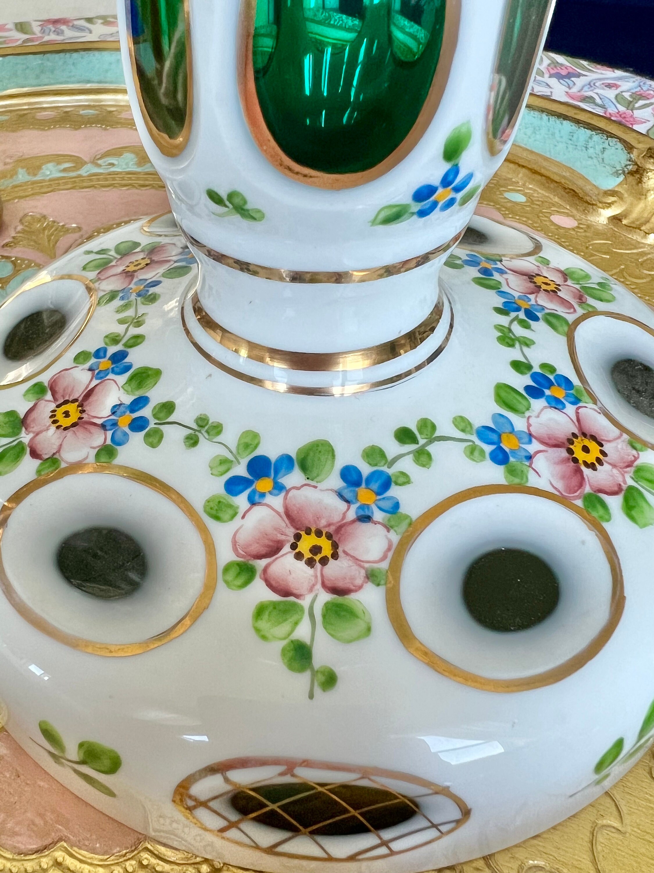 Hand Painted Green Czech Bohemian Glass Candle Holder MCM Maximalist