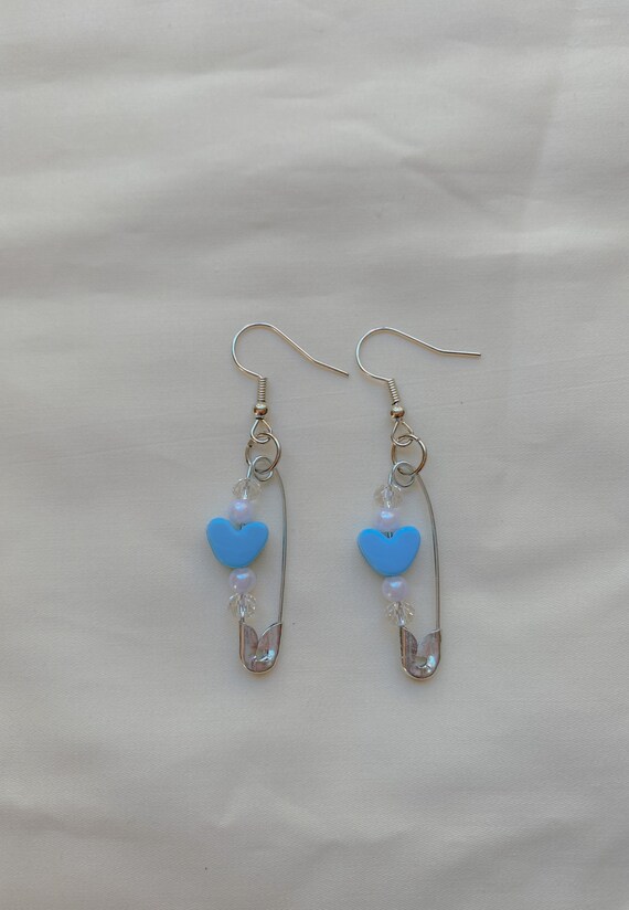 Blue Heart Safety Pin Earrings - Etsy display picture 1