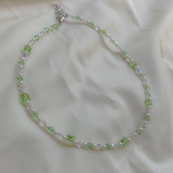 pearl, green swarovski butterfly, and crystal necklace