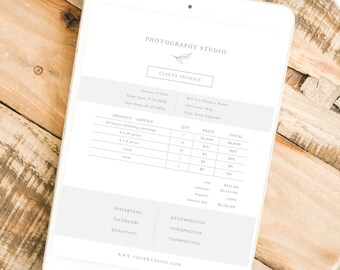 May include: A white tablet screen displaying a photography studio invoice with a gray background. The invoice includes the client's name, address, invoice number, invoice date, due date, product and service details, quantity, price, and total. The invoice also includes social media handles for Instagram, Facebook, and Pinterest.
