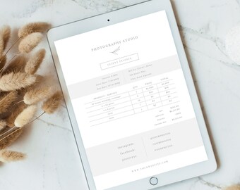 May include: A photography studio client invoice with a minimalist design. The invoice includes a list of services and prices, with a total amount due of $3,151.60. The invoice also includes contact information for the studio and social media handles.