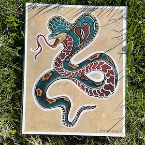 Traditional Tattoo Style Heart Cobra Flash Illustration Print