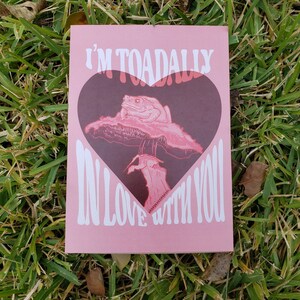 May include: A pink card with a heart-shaped design featuring a toad sitting on a mushroom. The card reads "I'm toadally in love with you".