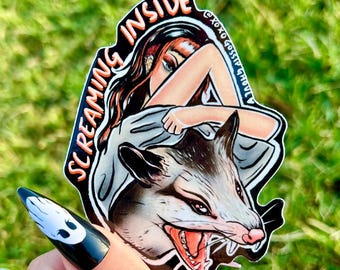 Screaming Inside Possum Traditional Tattoo Pin Up Vinyl Sticker