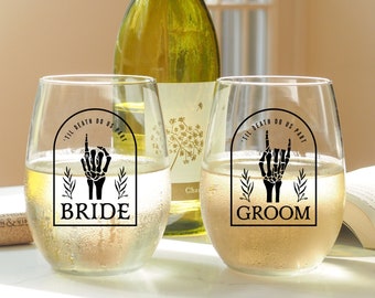 Halloween Goth Wedding Bride and Groom Wine Glass SET, Till Death Do Us Part, Skeleton Wedding Couple Gift