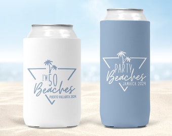 Custom 50th Birthday Koozies, Personalized 50th Can Cooler Sleeves, 50th Birthday Beach Vacation, Coastal Group 50th Birthday Koozies