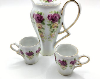 Vintage Collectible Lovely Miniature Rose Tea Set with Teapot and 2 Teacups. Tea party.