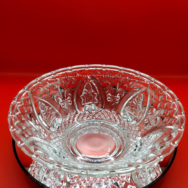 Vintage KIG Malaysian Candy or Nut Bowl. Clear Pressed Glass with a Beautiful Rose and Fleur De Lis Design