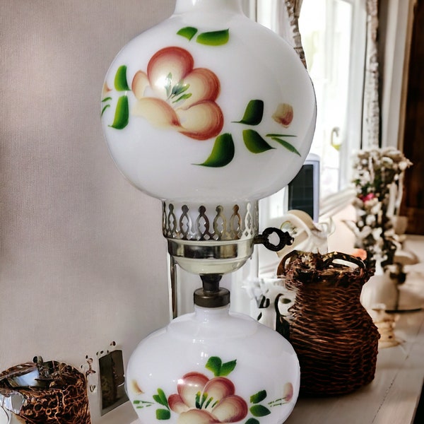 Midcentury Modern Milk Glass Table Lamp with Hand Painted Flowers. Vintage Lighting.