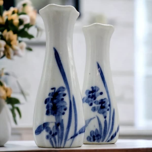 Blue and White Vases. Set of Two Bud Vases. Miniature. Hand Painted Porcelain. Vintage.