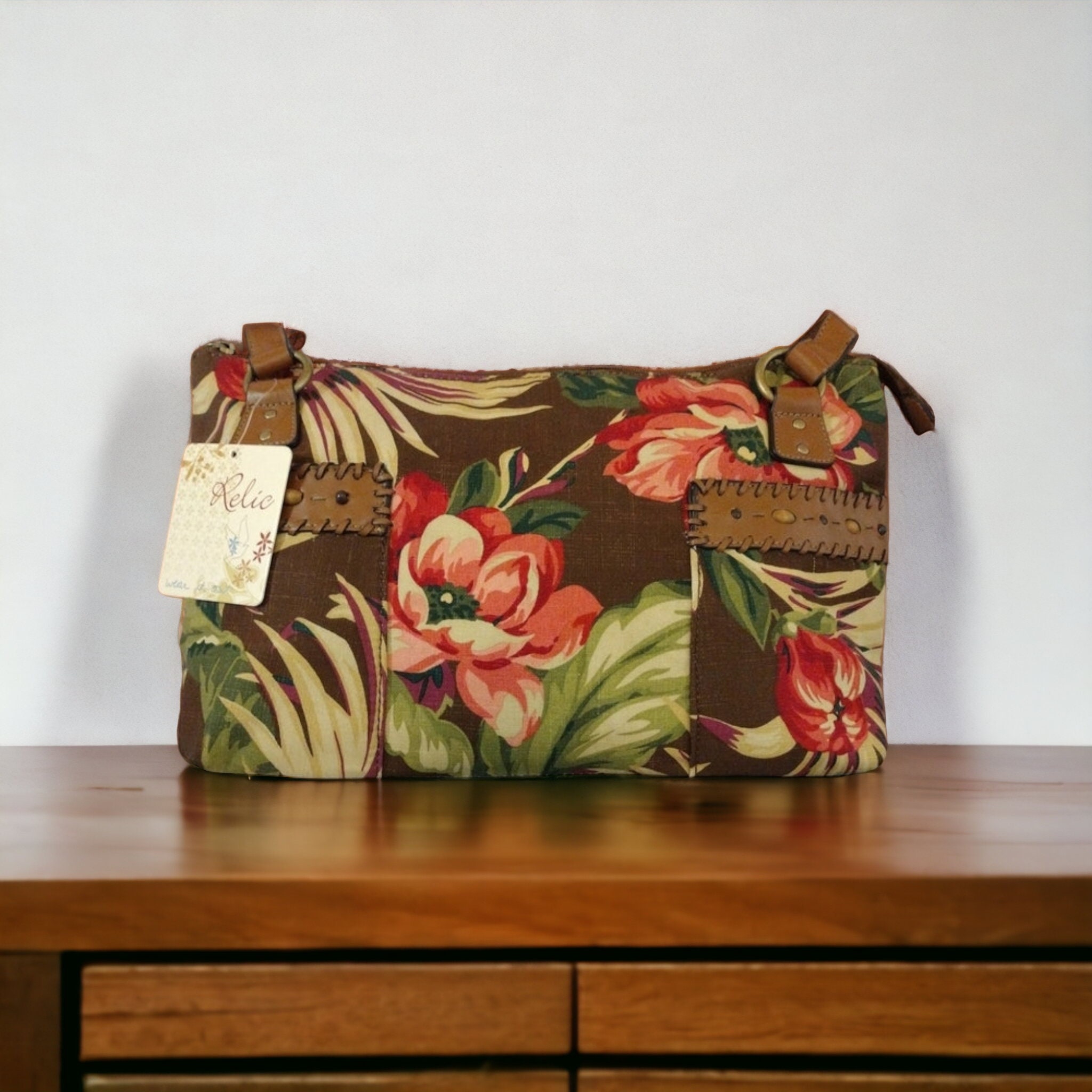 Relic Handbag Women Lg Multicolor Floral Canvas Wood Handles Purse Shoulder  Bag