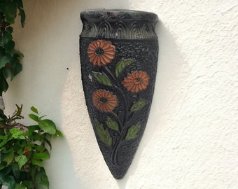 Made in Japan Vintage Black Ceramic Wall Pocket with Orange Florals. Mid Century Wall Decor.