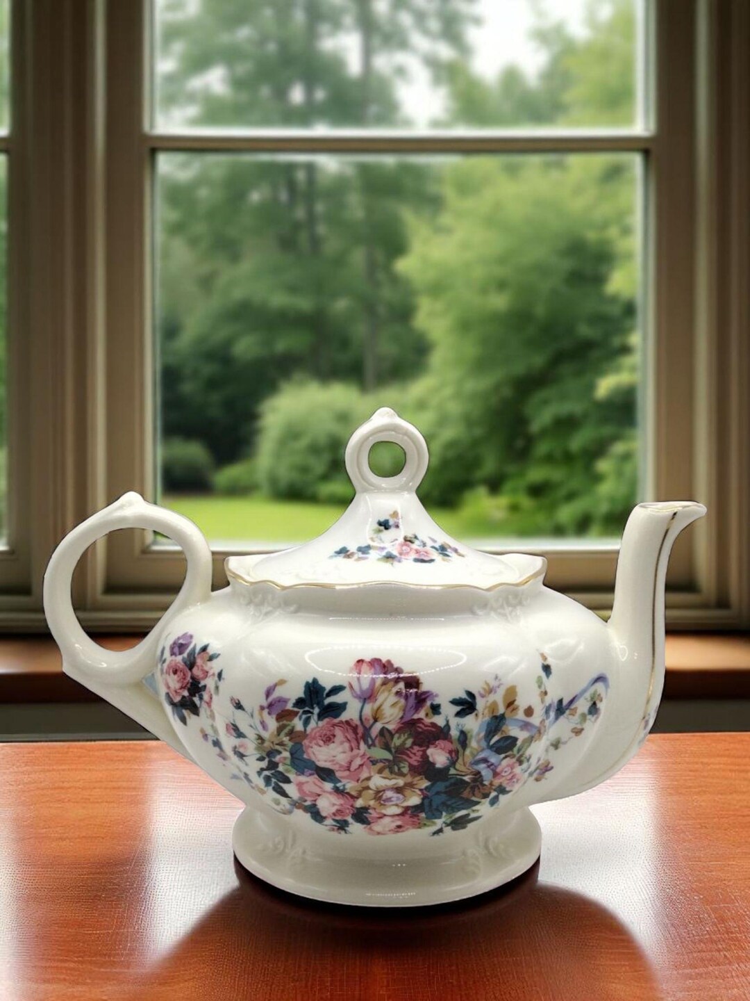 Lefton China Musical Tea Pot With Pink Yellow Lavender Flowers and Blue ...