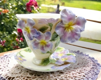 BRAND NEW, Vintage Collectible Franz Pansy Flower Design Sculptured Cup and Saucer Set. Franz Porcelain Collection.