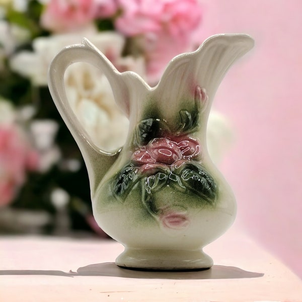 Hand Painted Vintage Small Decorative Pitcher. Antique Creamer. What Not. Raised Pink Roses.