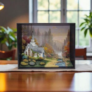 Thomas Kinkade Forest Chapel Lighted 3-D Shadow Box. Vintage Collectible. New.