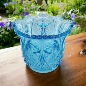 Kemple Wheaton Vintage Blue Glass Bowl. Aqua Blue. Icy Blue. Candy Dish. Pressed Glass. Made in the USA.