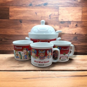 Kitchen Decor Vintage Campbells Kids Soup Tureen and 3 Campbells Soup Mugs.