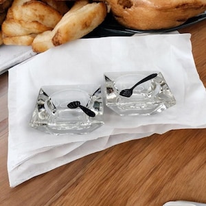 Glass Salt Cellars Set of Two with Sterling Silver Seasoning Spoons. Clear Glass Condiment Holder. Spices Salt and Pepper. Vintage.