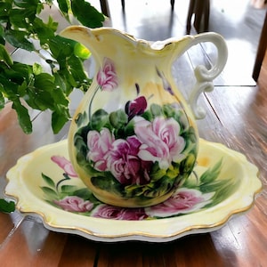 Vintage Lefton Fine China Pitcher and Bowl with Hand Painted Pink Roses. Gold Trim. What Not.