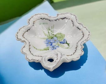 Unique Trinket Dish Leaf Design Porcelain Ring Holder Featuring Blue Violets. Trimmed in Silver. Vintage 1970's.