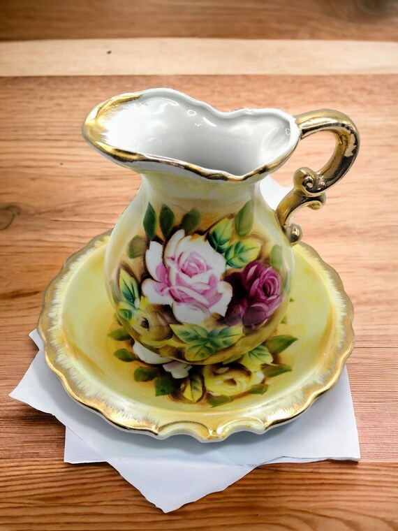 Hand Painted Pitcher and Bowl With Yellow Red Pink Roses. Made in Hand Painted Pitcher and Bowl With Yellow Red Pink Roses. Made in