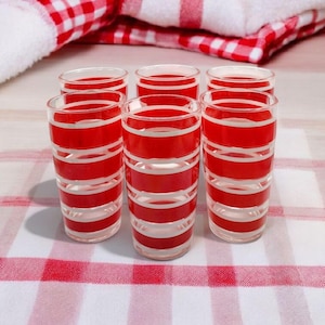 Old Fashioned Hazel Atlas Glass. Set of 3 Water Glasses, Set of 3 Juice Glasses. White and Red Band. Excellent Condition.
