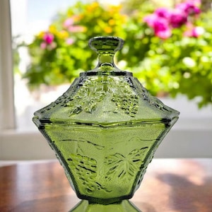 Vintage Glass Green Pedestal Lidded Candy Dish Succulent Planter Serving Dish Grape and Leaf Pattern.