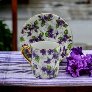 Japanese  Porcelain Demitasse Cup and Saucer. Espresso Cup. Purple Violets. Vintage.