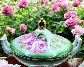 Vintage Collectible Lidded Pink Rose Candy and Nut Dish. Gilded. Pre-owned.