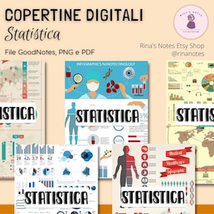 May include: Four colourful infographic posters with the word "Statistica" in black text on each poster. The posters feature various charts, graphs, and illustrations related to statistics, including a world map, a human body, and a microscope.