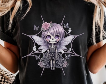 Pastel Gothic Purple Fairy T-shirt | Cute Dark Lolita Chibi Girl with Butterflies and skulls