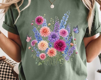 Comfort Colors Dahlia Bouquet with Butterflies T-Shirt | Floral Boho Springtime Illustration