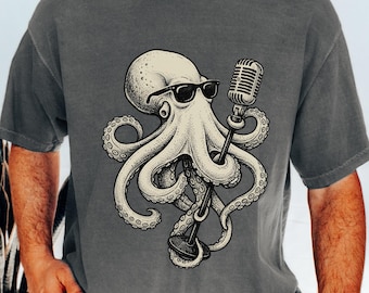 Cool Octopus Lead Singer with Microphone T-shirt | Retro Musician Gift Illustration