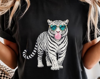 White Tiger with Sunglasses & Bubblegum Comfort Colors T-Shirt | Cool Animal Graphic Tee