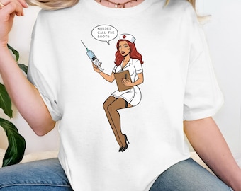 Retro Pinup Nurse with Syringe T-Shirt | Funny Vintage Medical Illustration
